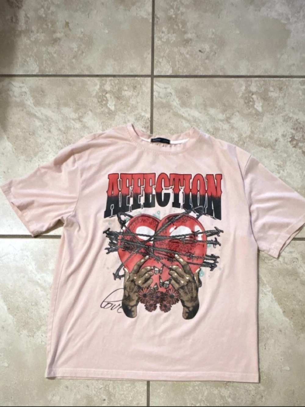 ROMWE Light Pink Graphic Heart Tee with Distressed Print